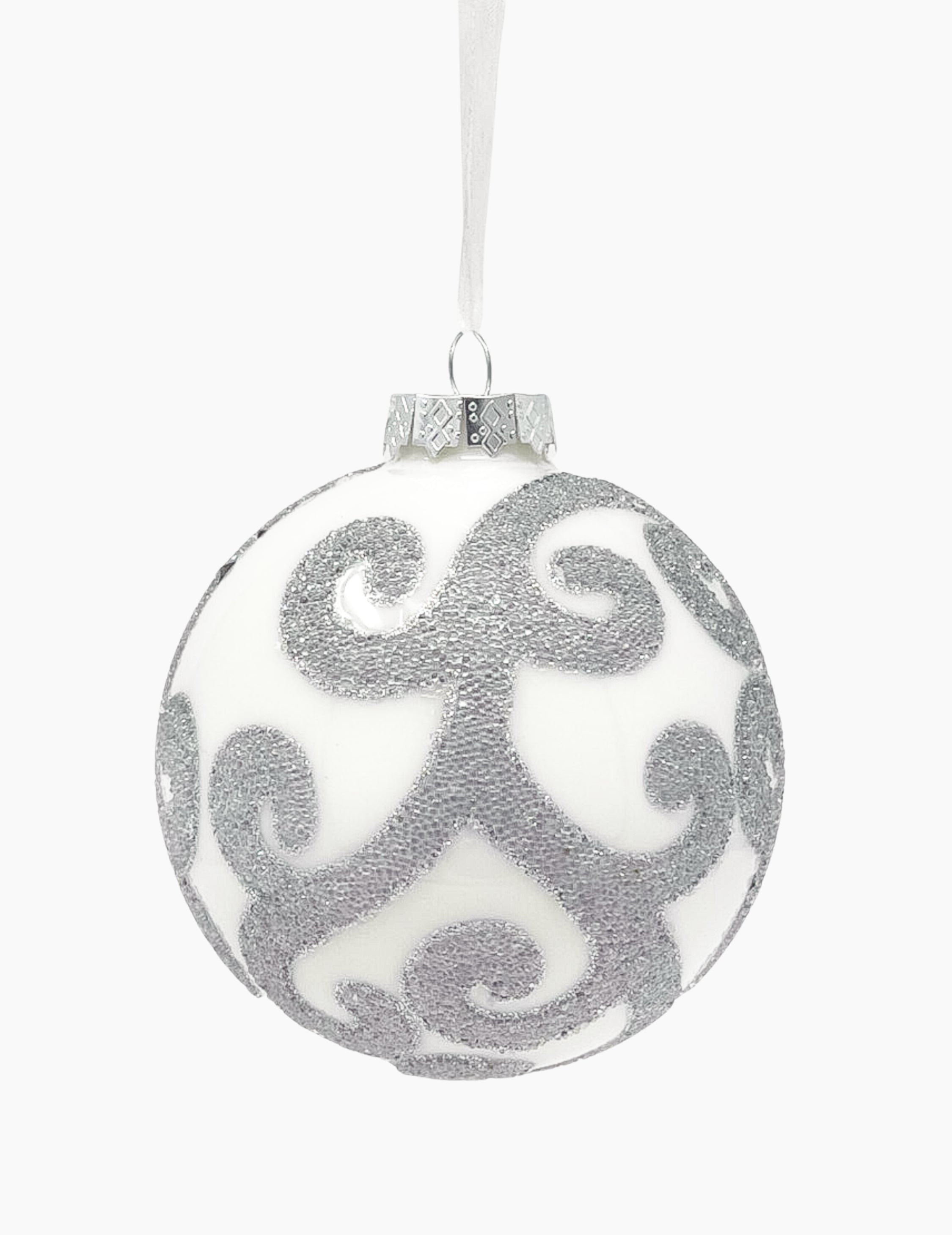 Christmas ball with ornaments white silver