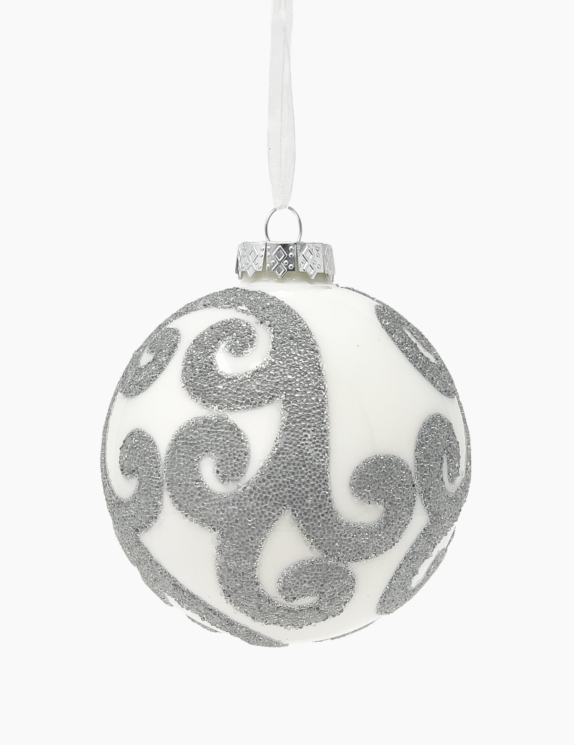 Christmas ball with ornaments white silver