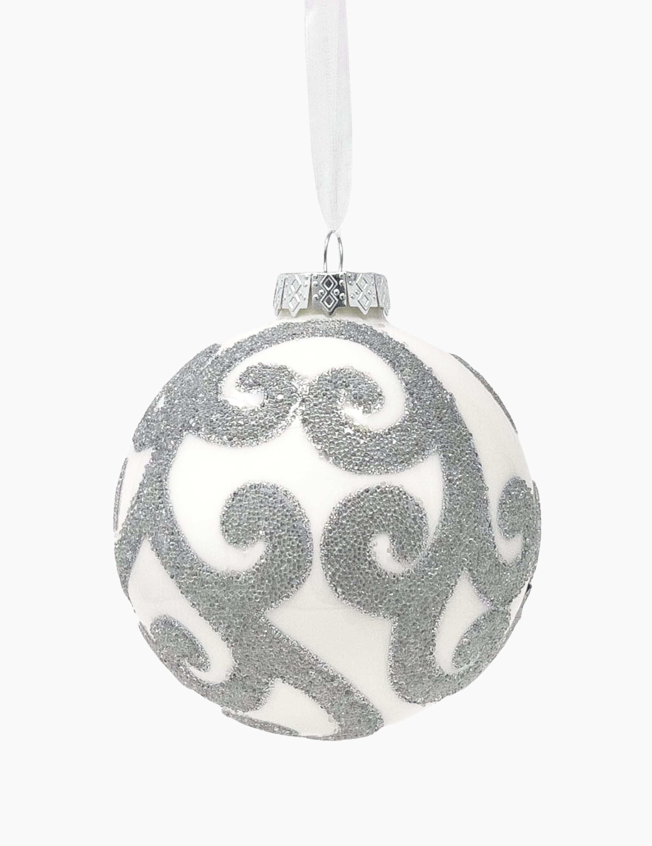 Christmas ball with ornaments white silver
