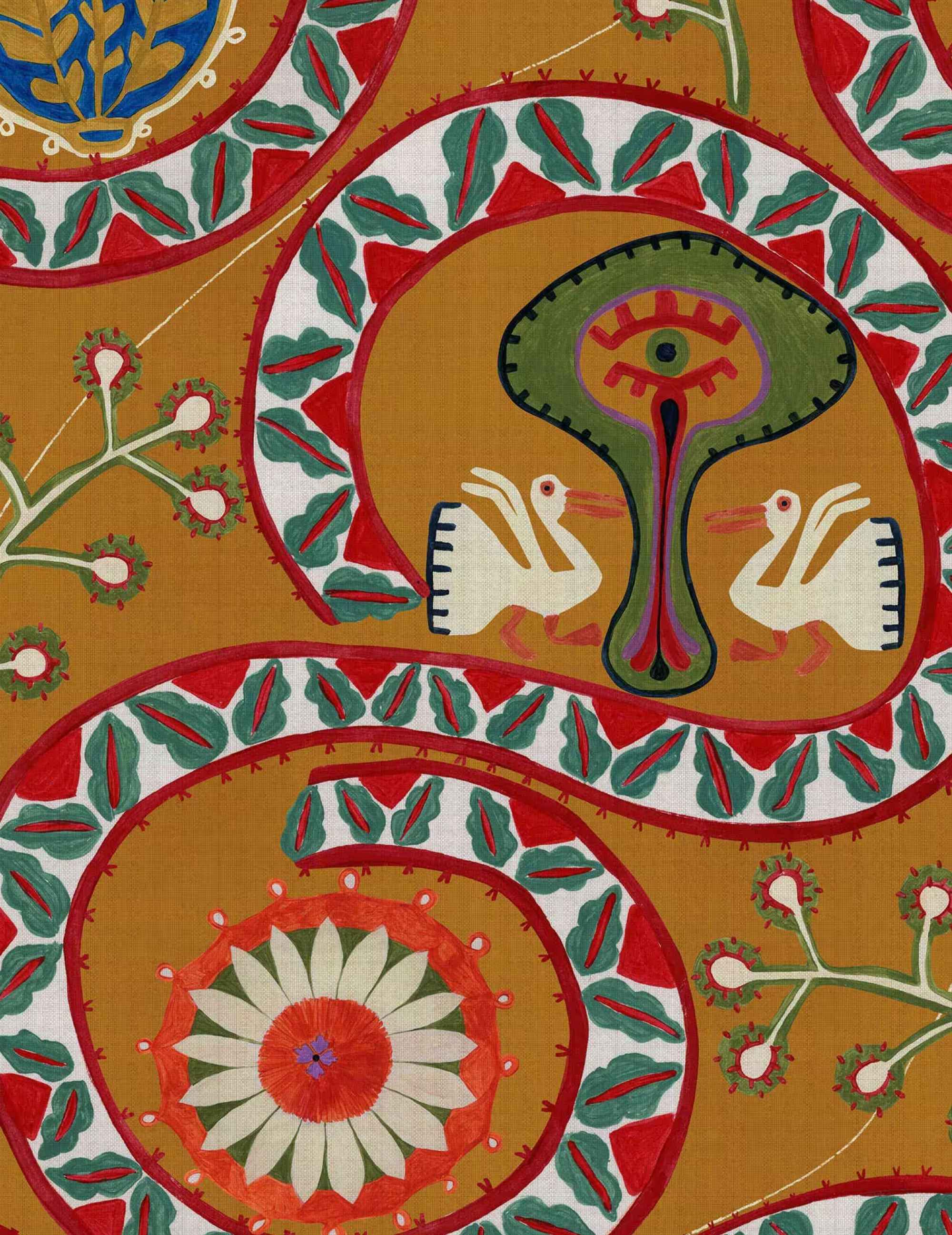 Wandtapete Two Storks Ocker