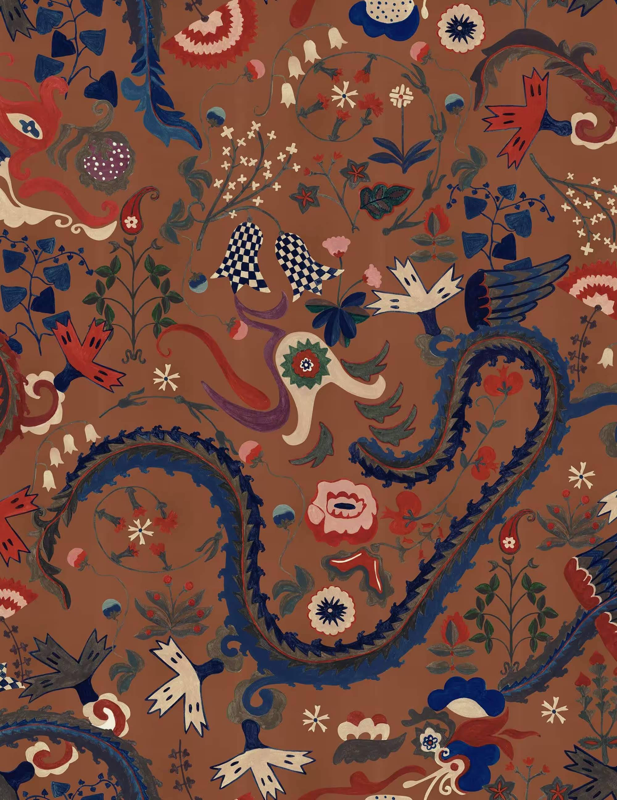 Wandtapete Dragon Flower Golden Brown