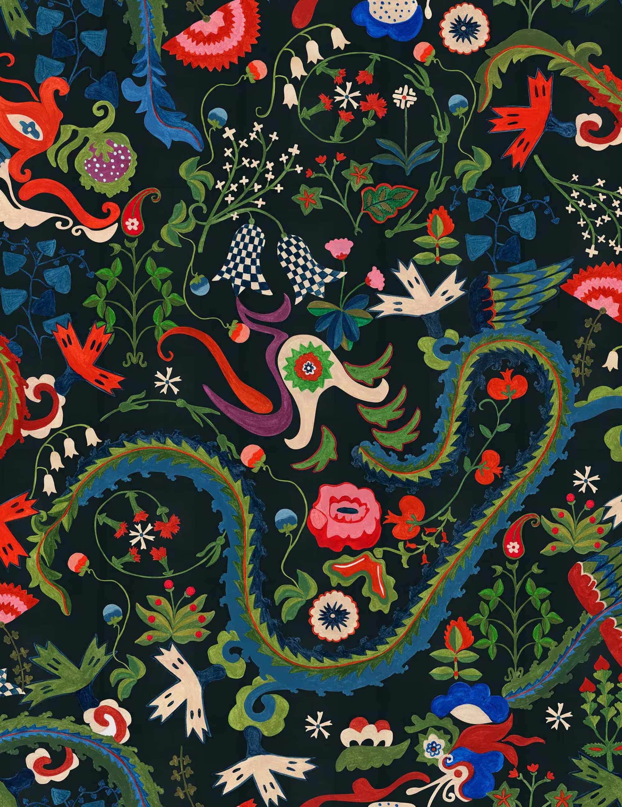 Wandtapete Dragon Flower Black