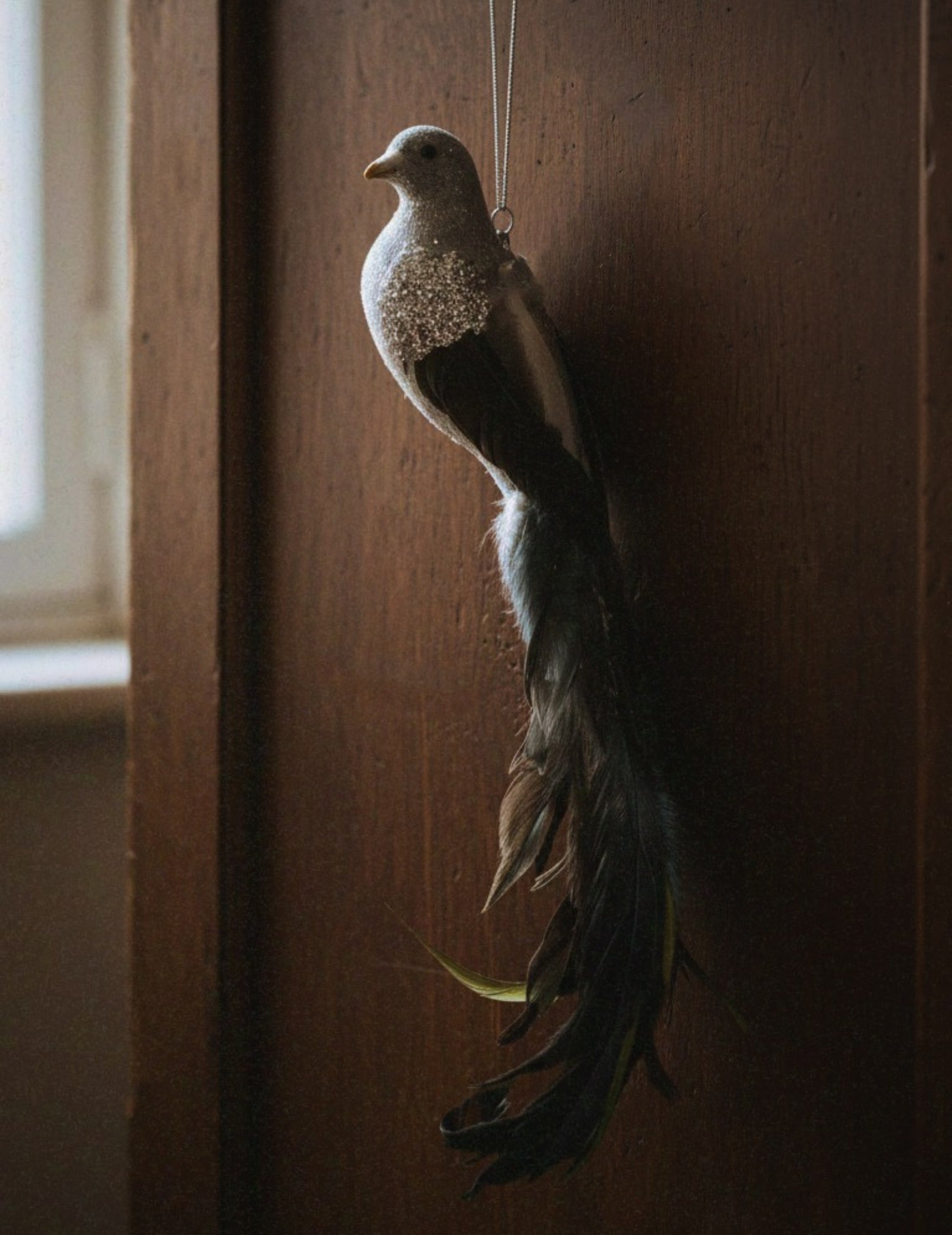 Weihnachtsornament Vogel mit Federn Silber