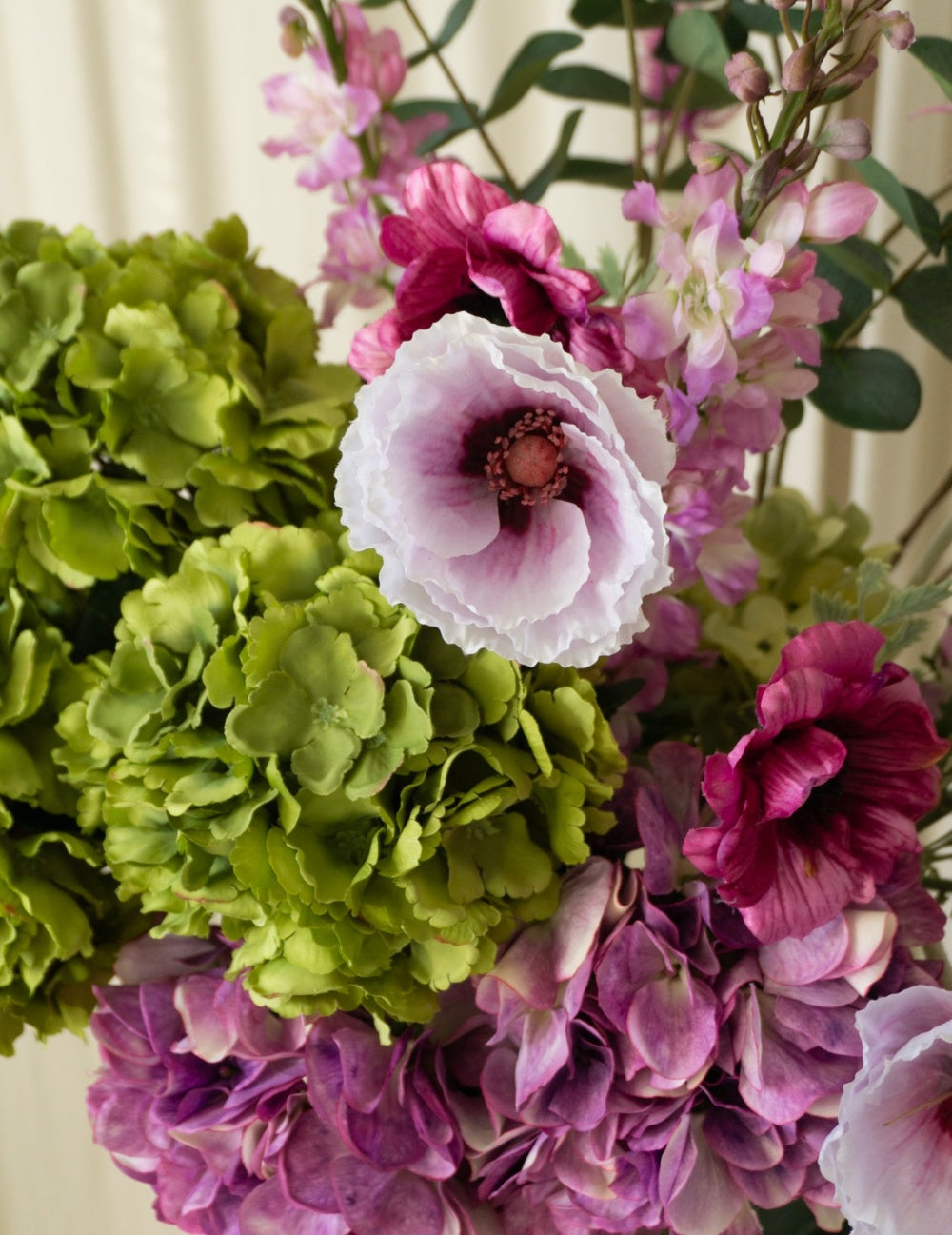 Kunstblumen-Strauß Lilly (Hortensie, Mohn, Rittersporn, Eukalyptus, Distel)