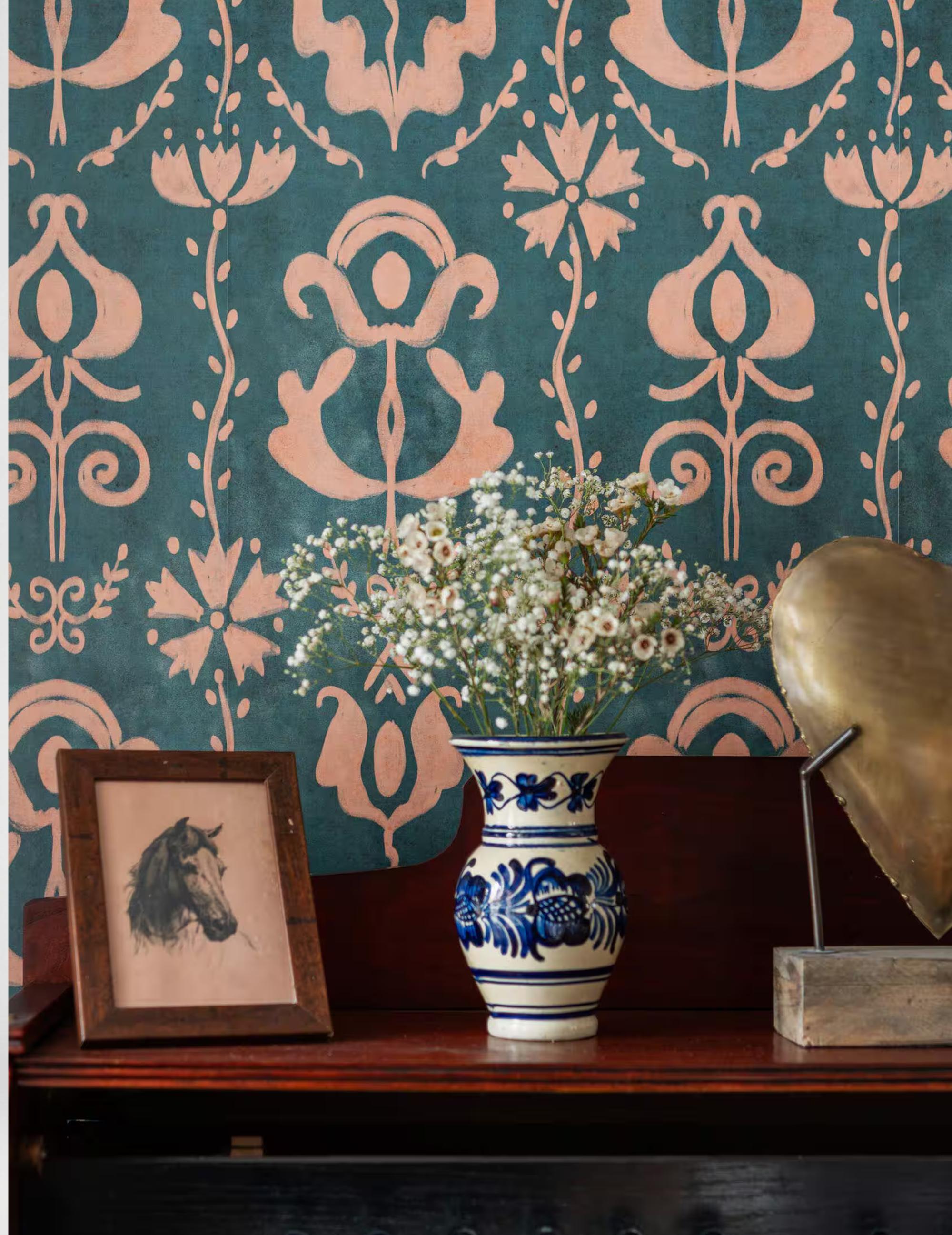 Wandtapete Grandma's Stencil Milky Blue